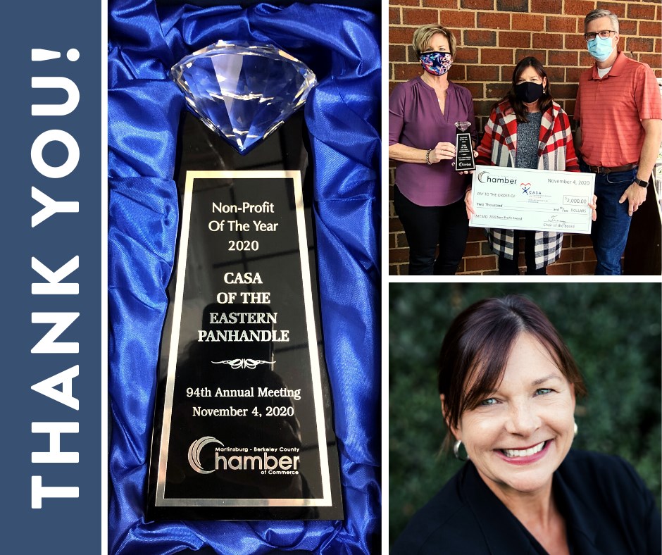 A Chamber of Commerce award presentation featuring a crystal trophy, professional headshot, and group photo of recipients holding a check in front of a brick building.