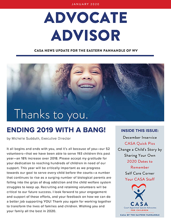 A newsletter cover featuring a smiling child with the headline 'Thanks to you' promoting an Advocate Advisor publication focused on Eastern Partnership advocacy.