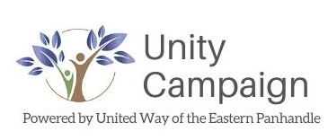 The Unity Campaign logo features a stylized tree with blue-purple leaves and organizational branding for United Way of the Eastern Panhandle.