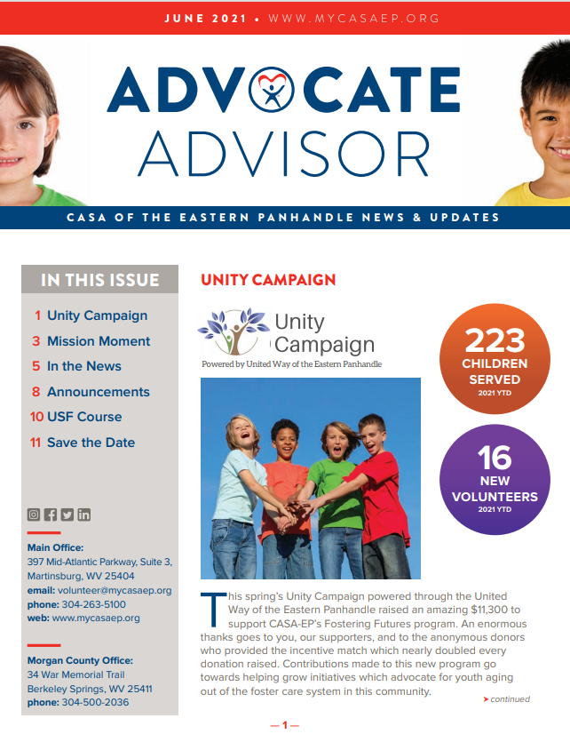 A newsletter cover page featuring a diverse group of volunteers supporting a Unity Campaign with statistics about volunteers and campaign reach.