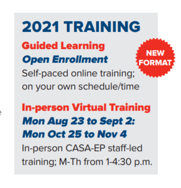 A 2021 training program announcement displaying guided learning options and in-person virtual training schedules with a prominent red 'NEW FORMAT' badge.