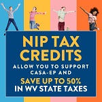 A vibrant promotional banner featuring diverse people against colorful segmented backgrounds advertising NIP Tax Credits with a message about supporting local businesses and saving on state taxes.