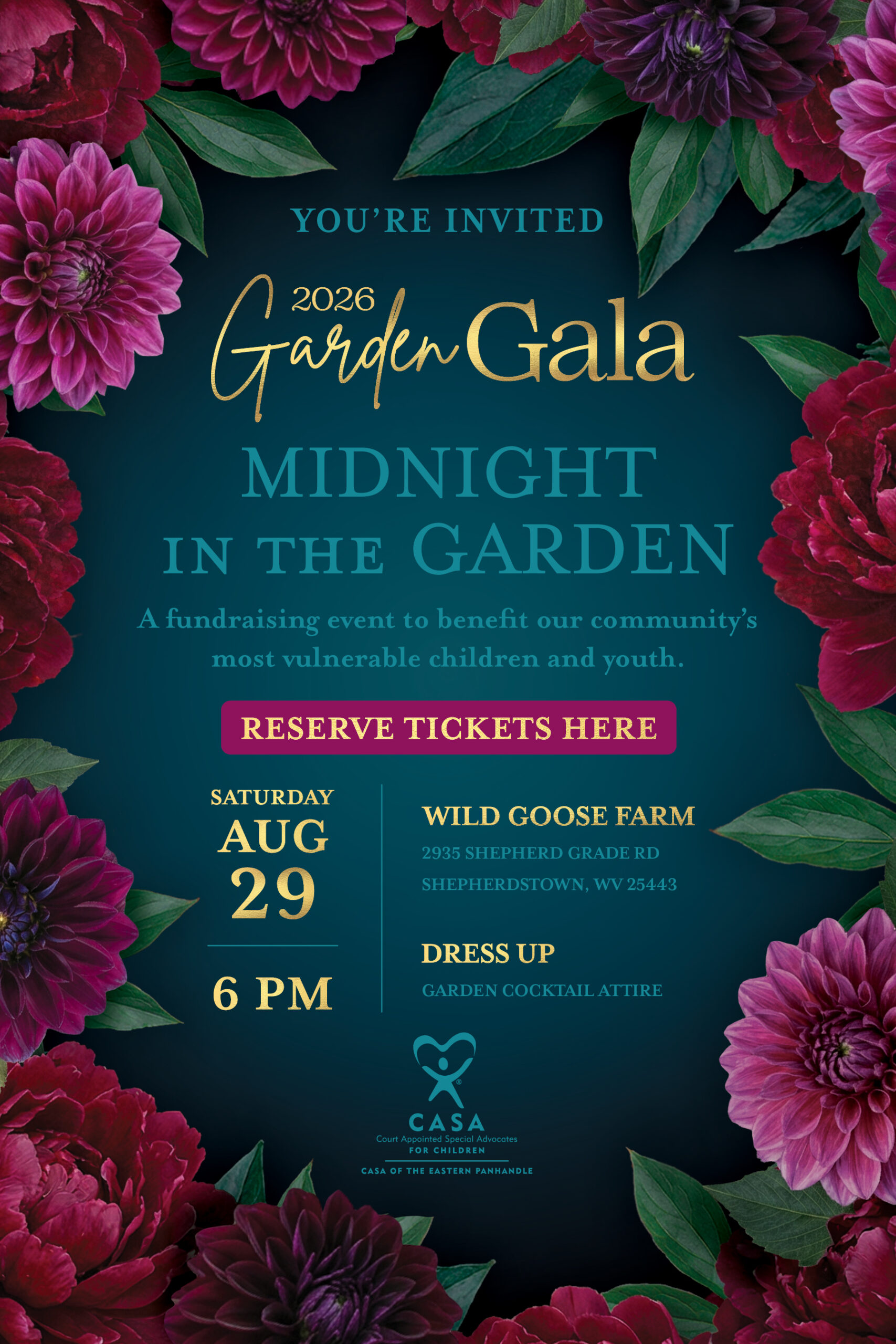 2026 Garden Gala — Midnight in the Garden invitation, Saturday August 29 at Wild Goose Farm, Shepherdstown WV