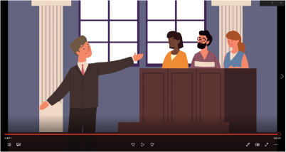 An illustrated courtroom scene depicting a lawyer presenting a case before a judge and jury panel.