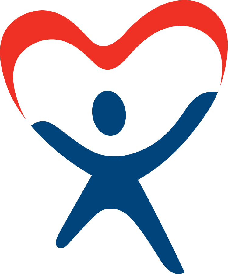 A stylized logo featuring a cheerful figure with arms raised in celebration, framed by a red heart shape, conveying joy and community spirit.