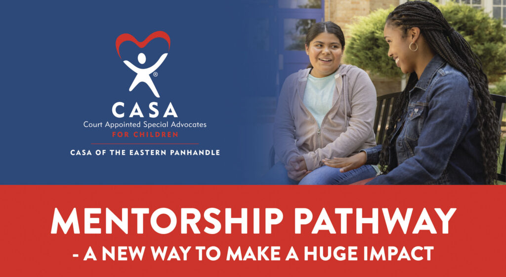 A CASA mentorship program promotional image showing two people engaged in a mentoring conversation outdoors with organizational branding and program messaging.