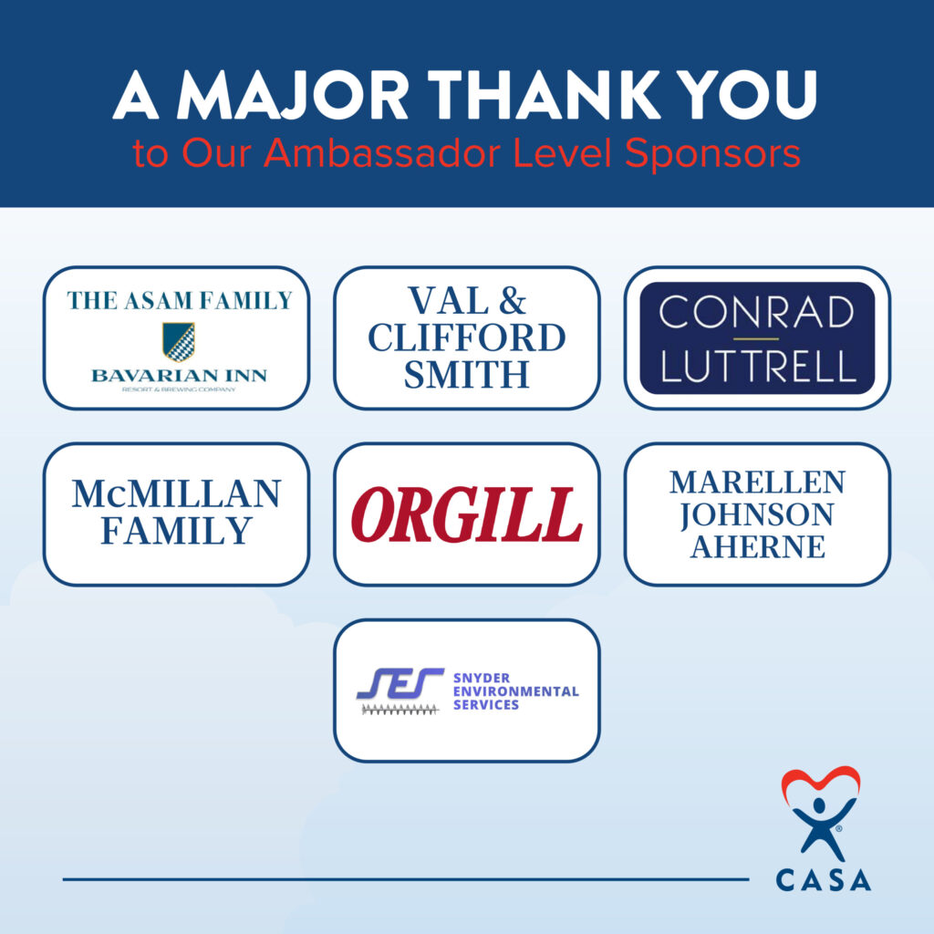 A formal thank you graphic displaying ambassador level sponsors and donors with their business logos arranged in a grid layout against a light blue background.