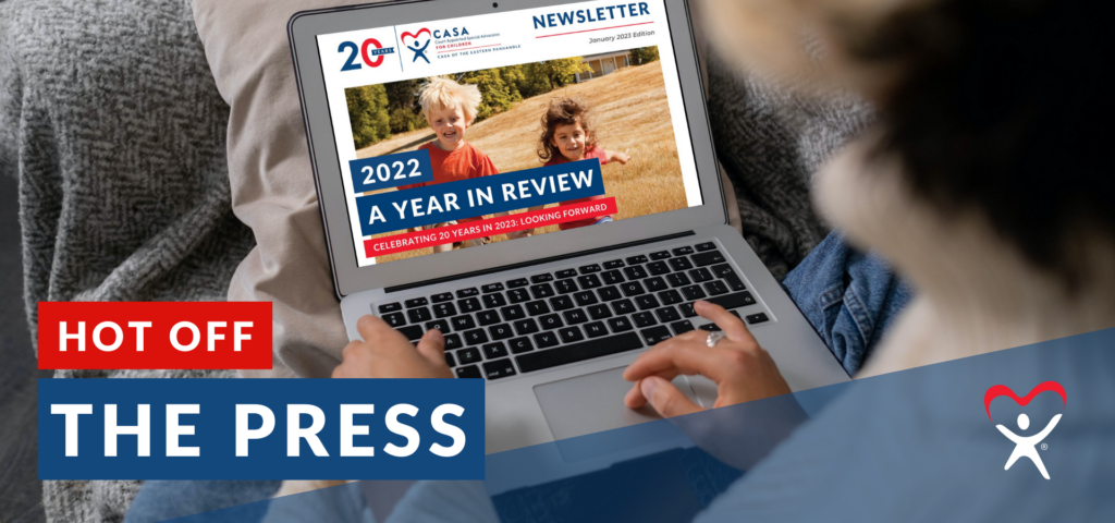 A person views a newsletter website on a laptop displaying a 'Hot Off The Press' banner with orange and blue design elements.