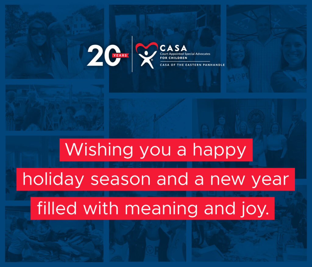 A holiday greeting card with festive messaging overlaid on a blue background featuring a crowd of people and CASA organization branding.