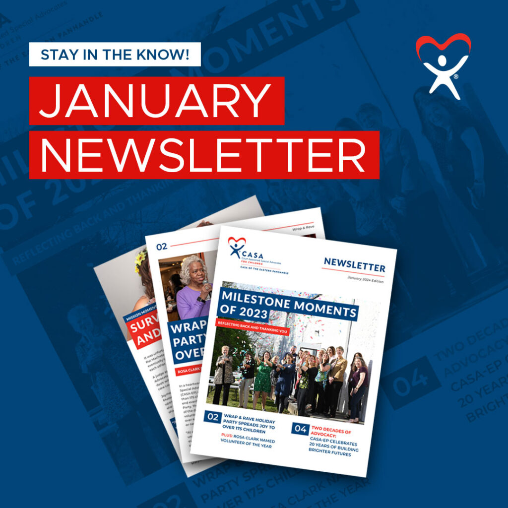 A promotional graphic for a January newsletter featuring overlaid publication covers and a group photo against a blue background with red text elements.