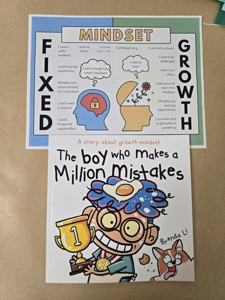 Two educational posters displayed together showing growth mindset concepts and a message about learning from mistakes, featuring illustrated diagrams and cartoon characters.