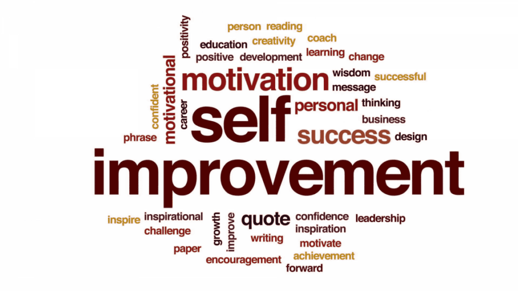 A word cloud graphic featuring motivational and self-improvement related words in shades of brown, maroon, and gold on a white background.