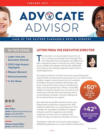 A professional newsletter or magazine cover page titled 'Advocate Advisor' featuring two professional headshots and highlighted statistics with percentage metrics.