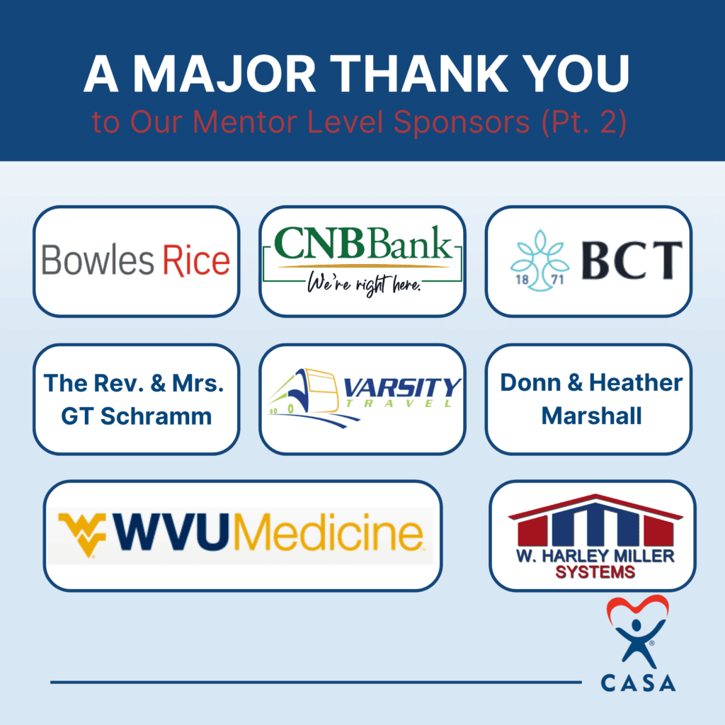 A thank you banner displaying logos of major level sponsors including Bowles Rice, CNB Bank, BCT, WVU Medicine, The Rev. & Mrs. GT Schramm, Varsity, Donn & Heather Marshall, and Harley Miller Systems, arranged in a grid layout on a navy blue background.